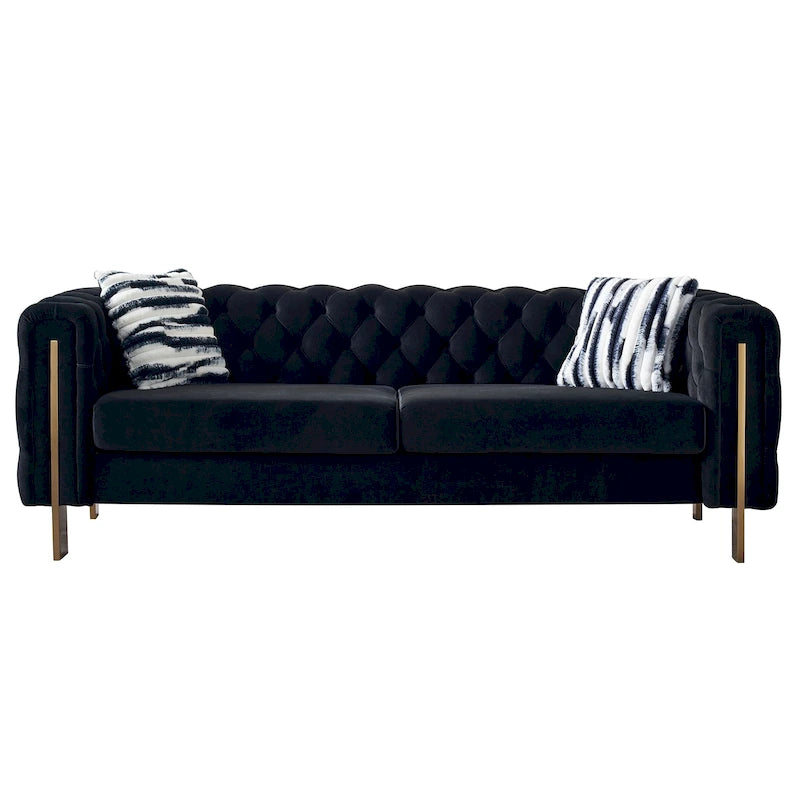 84.25 Button Tufted Upholstered 3-Seater Sofa with Gold Decoration