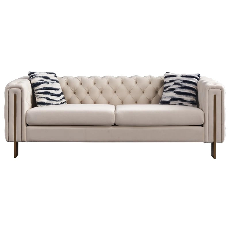 84.25 Button Tufted Upholstered 3-Seater Sofa with Gold Decoration