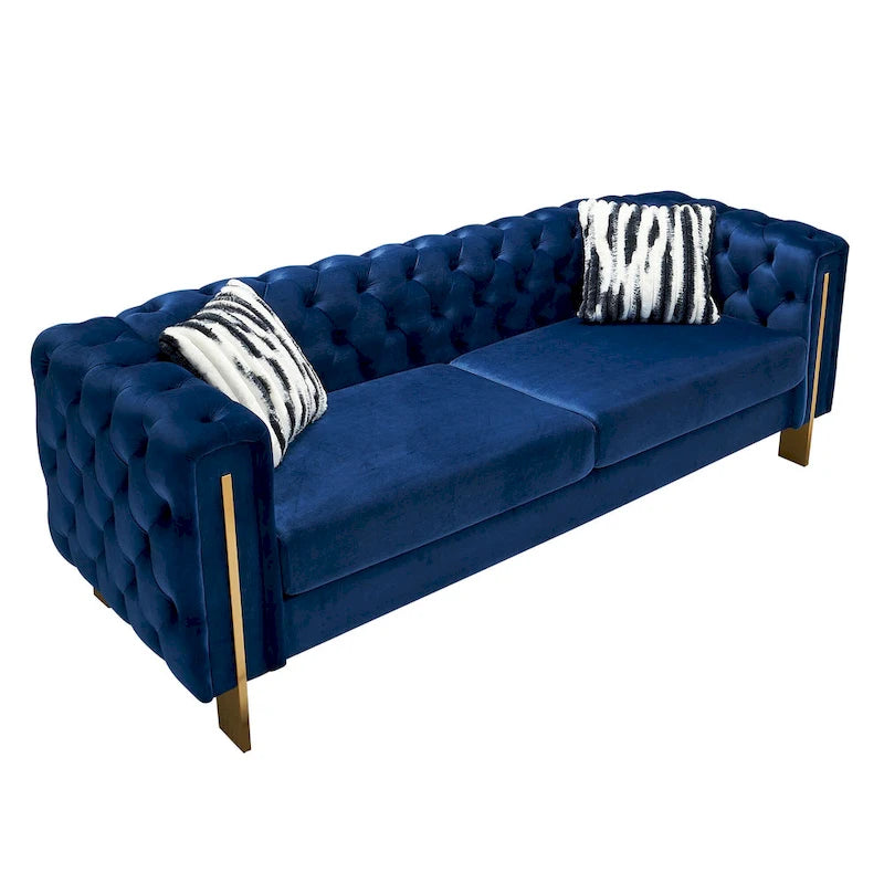 84.25 Button Tufted Upholstered 3-Seater Sofa with Gold Decoration