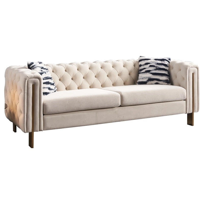 84.25 Button Tufted Upholstered 3-Seater Sofa with Gold Decoration