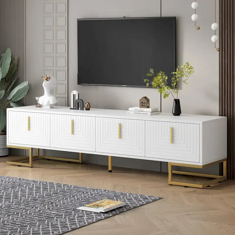 White+Gold 70.8 TV Stand with Gold Handles & Cabinets for 80 TVs