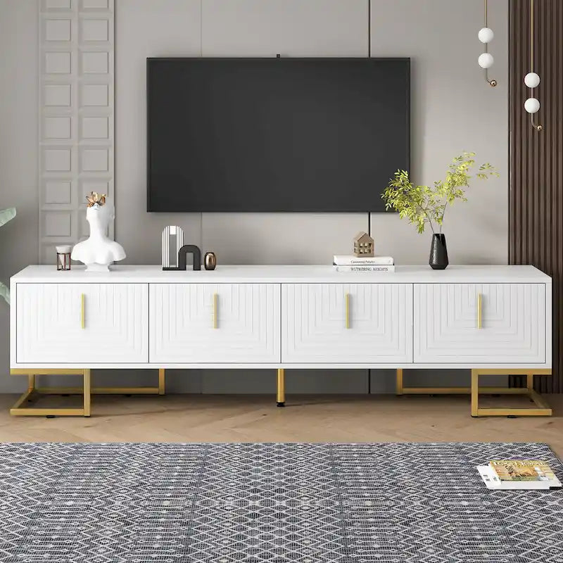 White+Gold 70.8 TV Stand with Gold Handles & Cabinets for 80 TVs