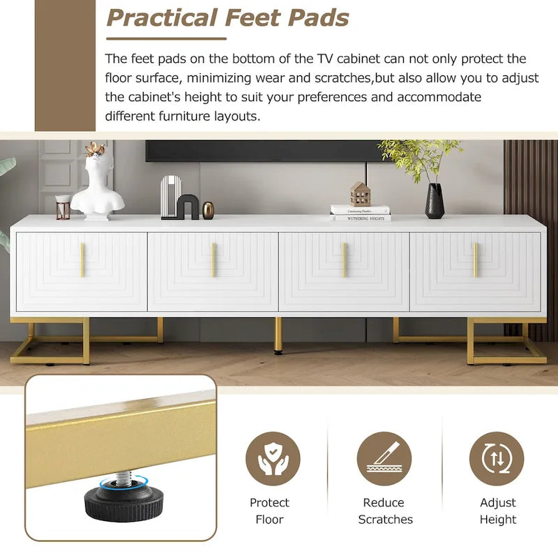 White+Gold 70.8 TV Stand with Gold Handles & Cabinets for 80 TVs