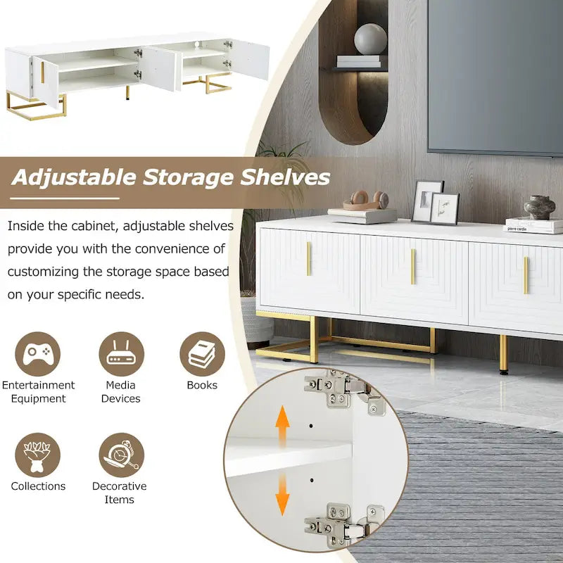 White+Gold 70.8 TV Stand with Gold Handles & Cabinets for 80 TVs
