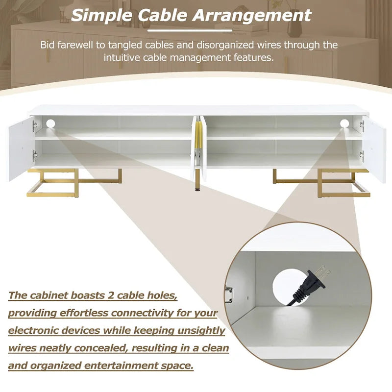 White+Gold 70.8 TV Stand with Gold Handles & Cabinets for 80 TVs