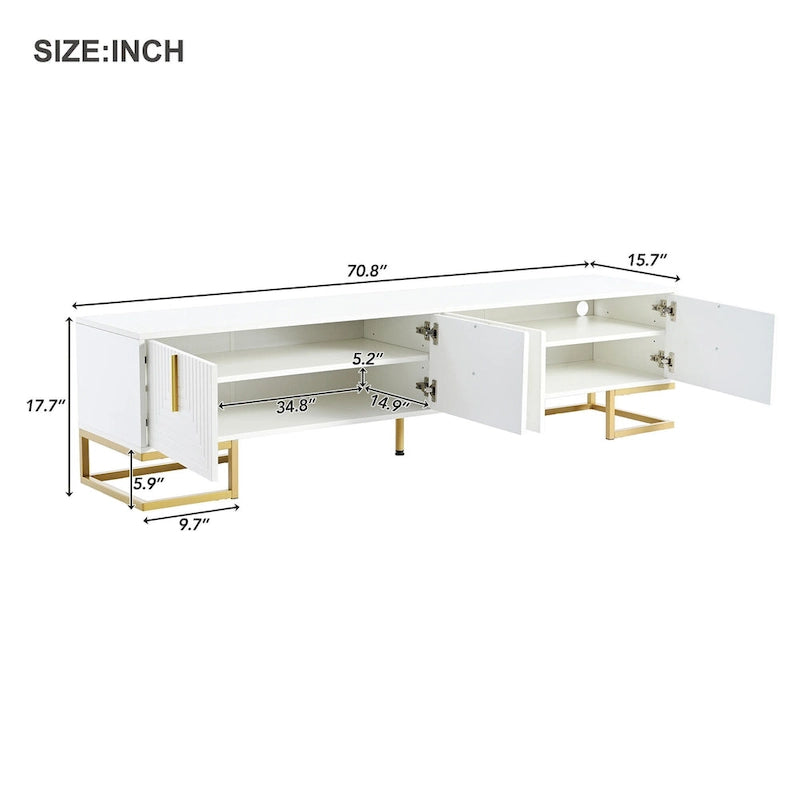 White+Gold 70.8 TV Stand with Gold Handles & Cabinets for 80 TVs