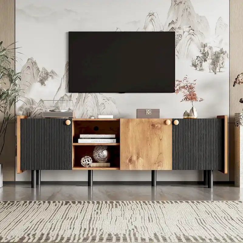 Mid Century TV Stand with 3 Cabinets, Media Console Table for TVs up to 70, Entertainment Center with Storage