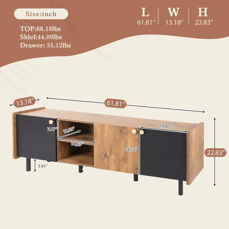 Mid Century TV Stand with 3 Cabinets, Media Console Table for TVs up to 70, Entertainment Center with Storage