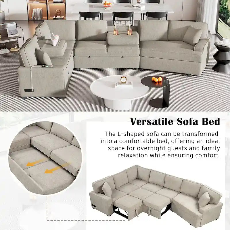 126 L-shaped Sofa Sectional Sofa Couch Pull-out Sofa Bed with Charging Devices and Cup Holders for Living Room, Beige