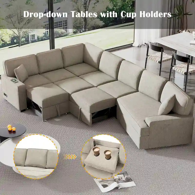 126 L-shaped Sofa Sectional Sofa Couch Pull-out Sofa Bed with Charging Devices and Cup Holders for Living Room, Beige