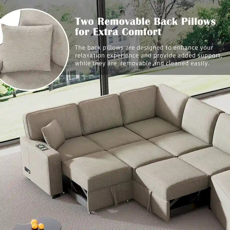 126 L-shaped Sofa Sectional Sofa Couch Pull-out Sofa Bed with Charging Devices and Cup Holders for Living Room, Beige