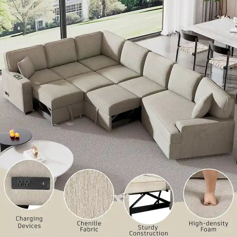 126 L-shaped Sofa Sectional Sofa Couch Pull-out Sofa Bed with Charging Devices and Cup Holders for Living Room, Beige