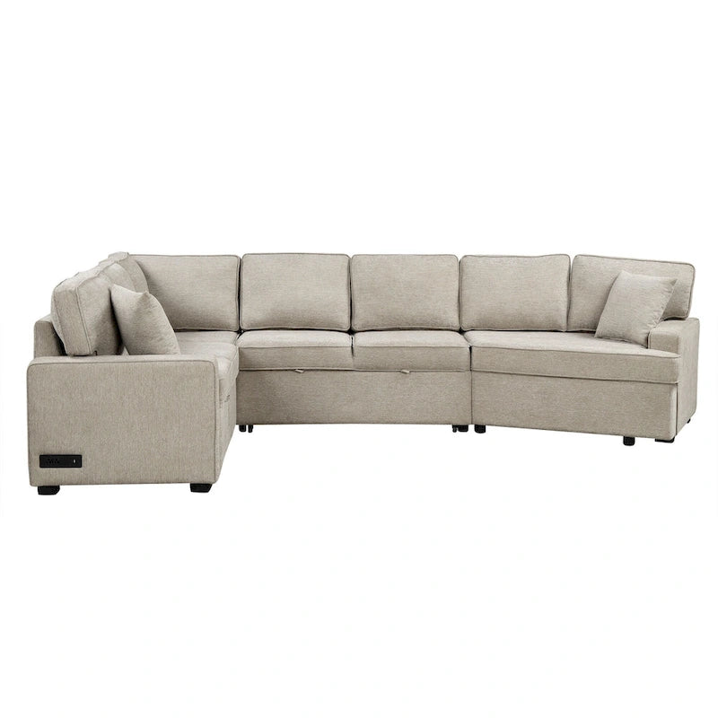 126 L-shaped Sofa Sectional Sofa Couch Pull-out Sofa Bed with Charging Devices and Cup Holders for Living Room, Beige