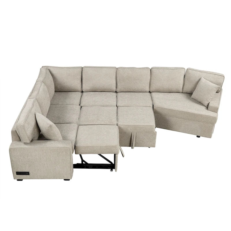 126 L-shaped Sofa Sectional Sofa Couch Pull-out Sofa Bed with Charging Devices and Cup Holders for Living Room, Beige