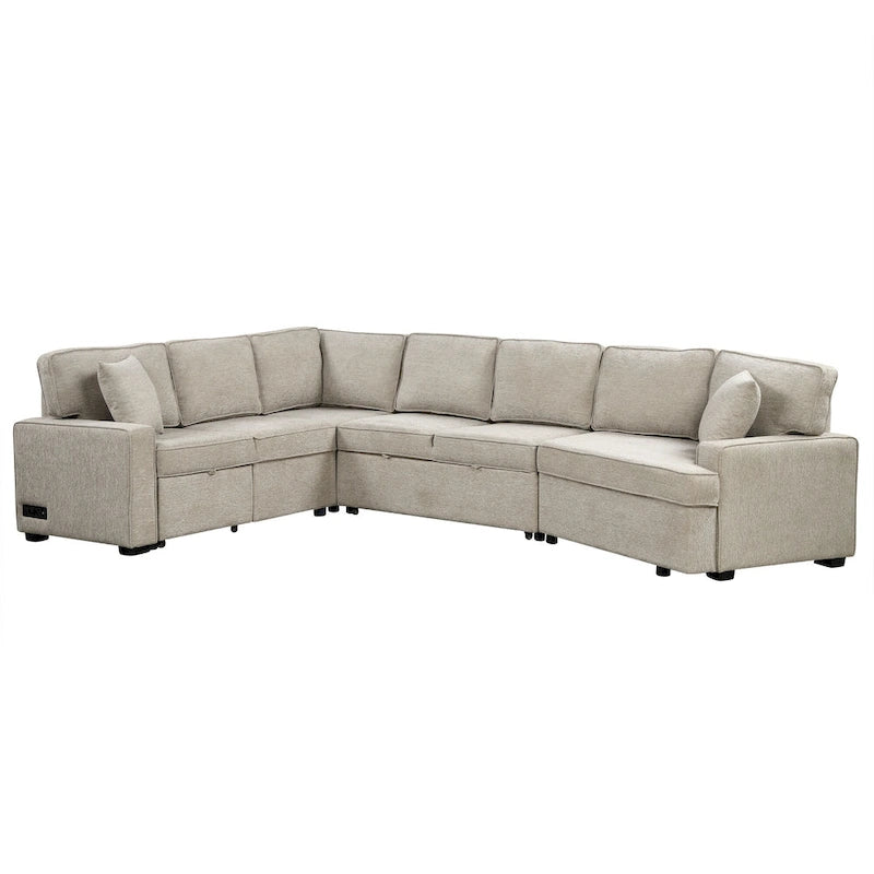 126 L-shaped Sofa Sectional Sofa Couch Pull-out Sofa Bed with Charging Devices and Cup Holders for Living Room, Beige