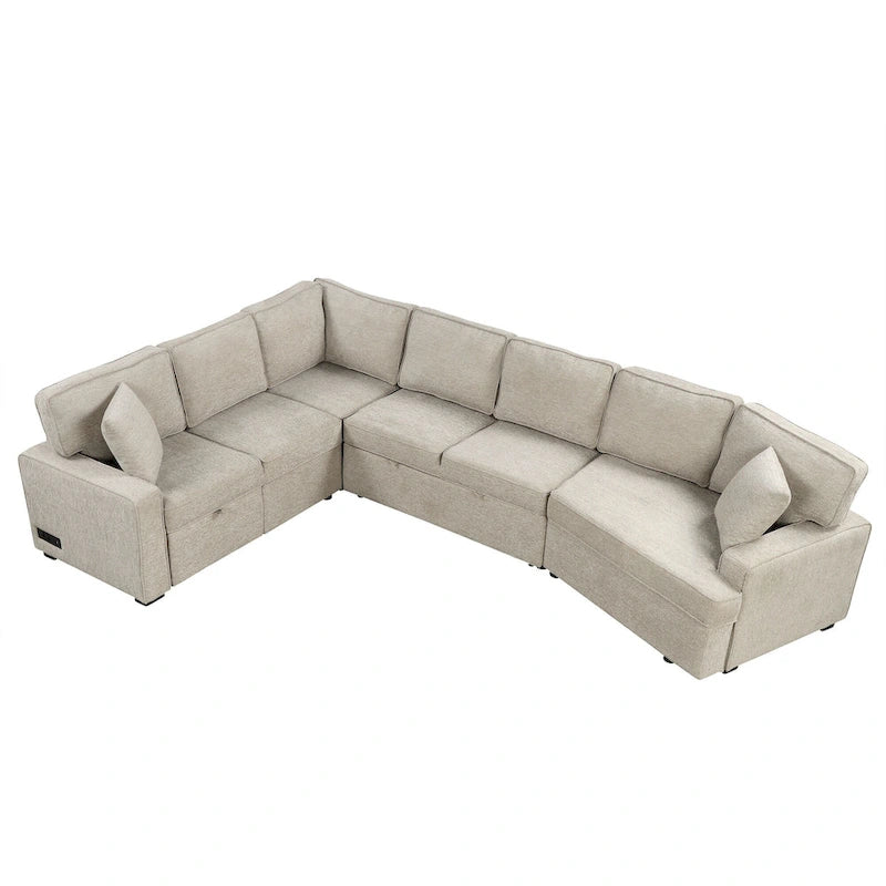 126 L-shaped Sofa Sectional Sofa Couch Pull-out Sofa Bed with Charging Devices and Cup Holders for Living Room, Beige