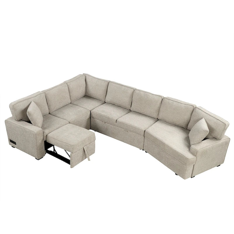 126 L-shaped Sofa Sectional Sofa Couch Pull-out Sofa Bed with Charging Devices and Cup Holders for Living Room, Beige