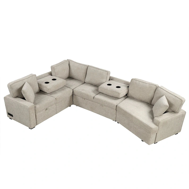 126 L-shaped Sofa Sectional Sofa Couch Pull-out Sofa Bed with Charging Devices and Cup Holders for Living Room, Beige