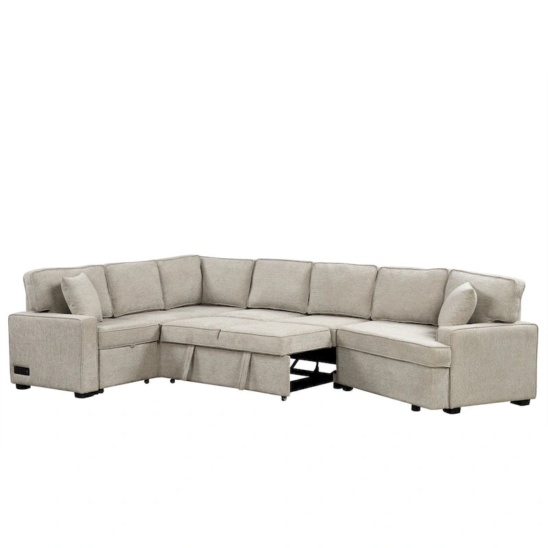 126 L-shaped Sofa Sectional Sofa Couch Pull-out Sofa Bed with Charging Devices and Cup Holders for Living Room, Beige