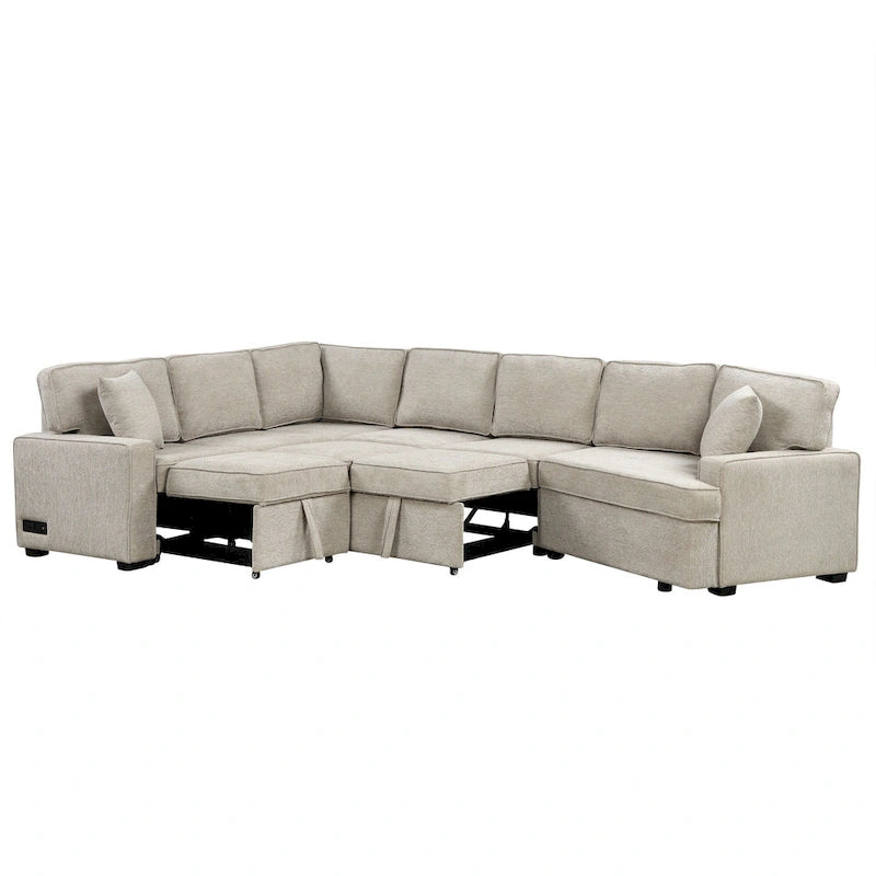 126 L-shaped Sofa Sectional Sofa Couch Pull-out Sofa Bed with Charging Devices and Cup Holders for Living Room, Beige