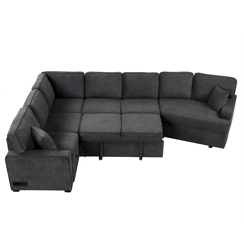 126 L-shaped Sofa Sectional Sofa Couch Pull-out Sofa Bed with Charging Devices and Cup Holders for Living Room, Beige