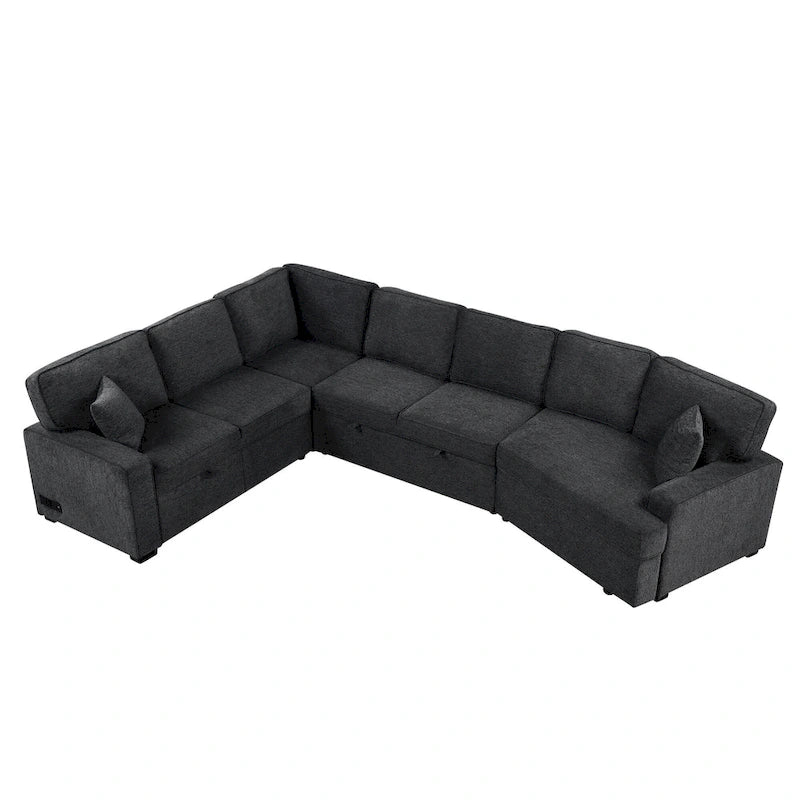 126 L-shaped Sofa Sectional Sofa Couch Pull-out Sofa Bed with Charging Devices and Cup Holders for Living Room, Beige