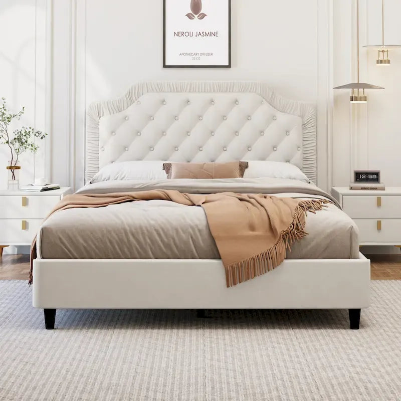 Modern Full-Size Upholstered Bed with Pleated and Button-Tufted Headboard, Solid Wood Frame and Metal Base, No Box Spring Needed