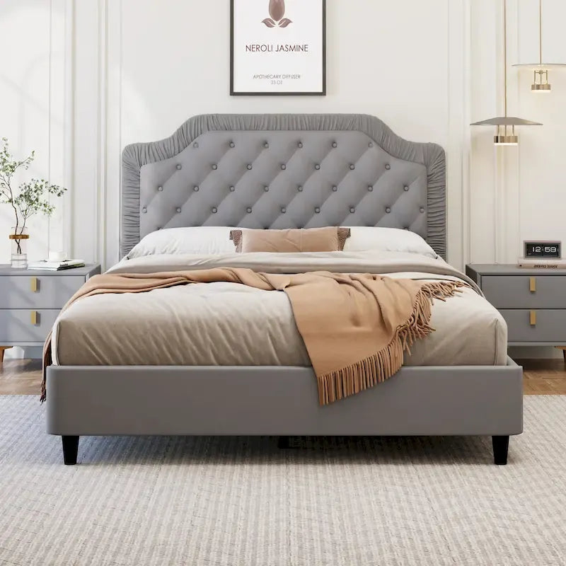 Modern Full-Size Upholstered Bed with Pleated and Button-Tufted Headboard, Solid Wood Frame and Metal Base, No Box Spring Needed