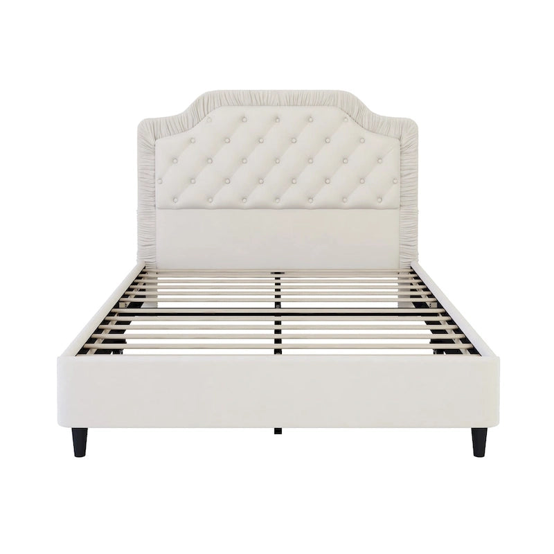 Modern Full-Size Upholstered Bed with Pleated and Button-Tufted Headboard, Solid Wood Frame and Metal Base, No Box Spring Needed