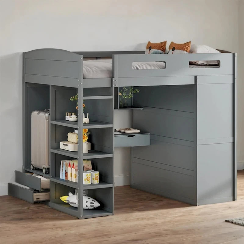 Full Size Wood Loft Bed with Desk, Wardrobes,Drawers and Shelves