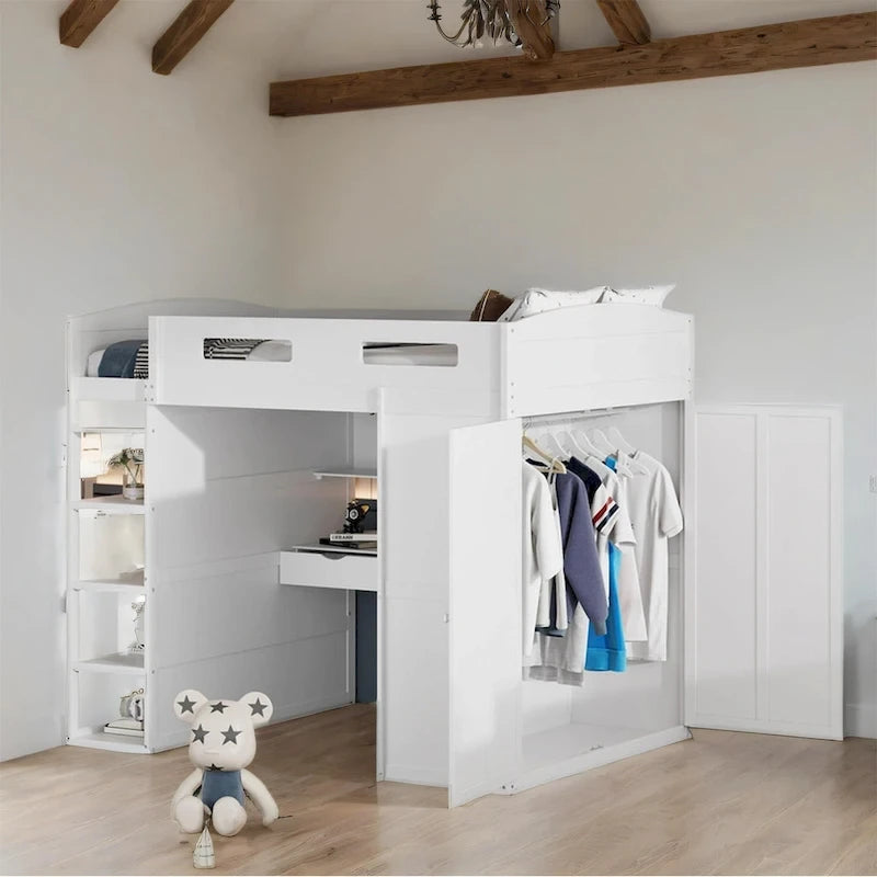 Full Size Wood Loft Bed with Desk, Wardrobes,Drawers and Shelves