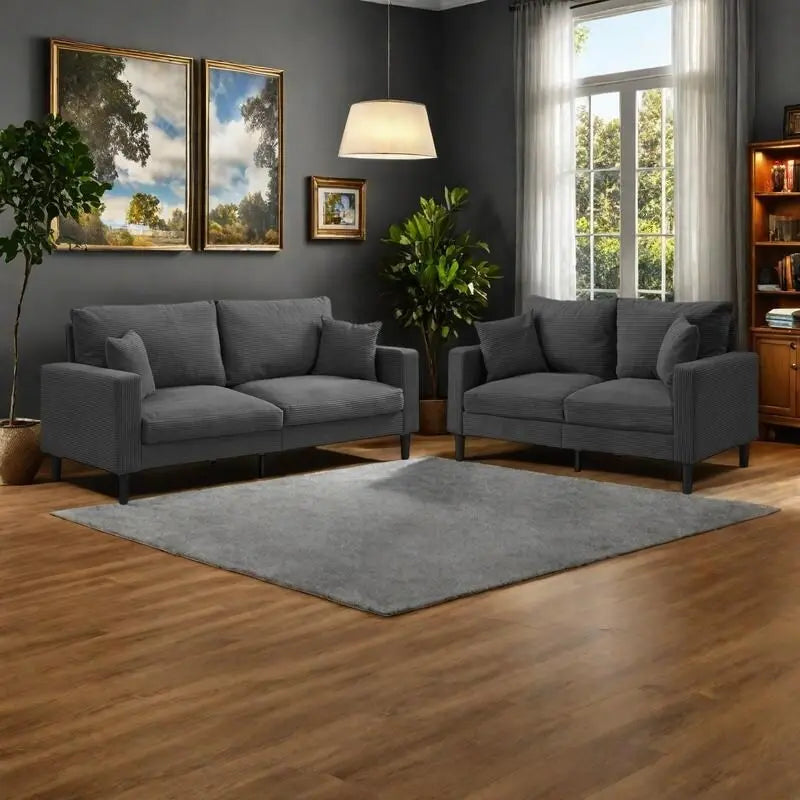 5-Seat Corduroy Sofa Set (3-Seater + 2-Seater) with High-Density Sponge Cushions & Sturdy Hardwood Frame