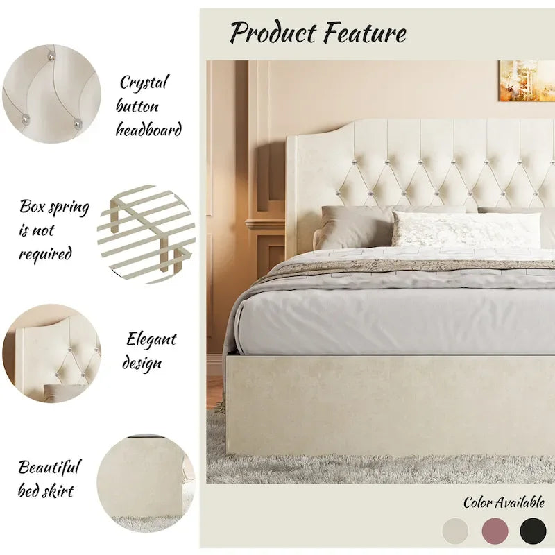 Queen Size Tufted Bed Frame with Crystal Button Accents, Wingback Headboard & Under-Bed Storage,Beige