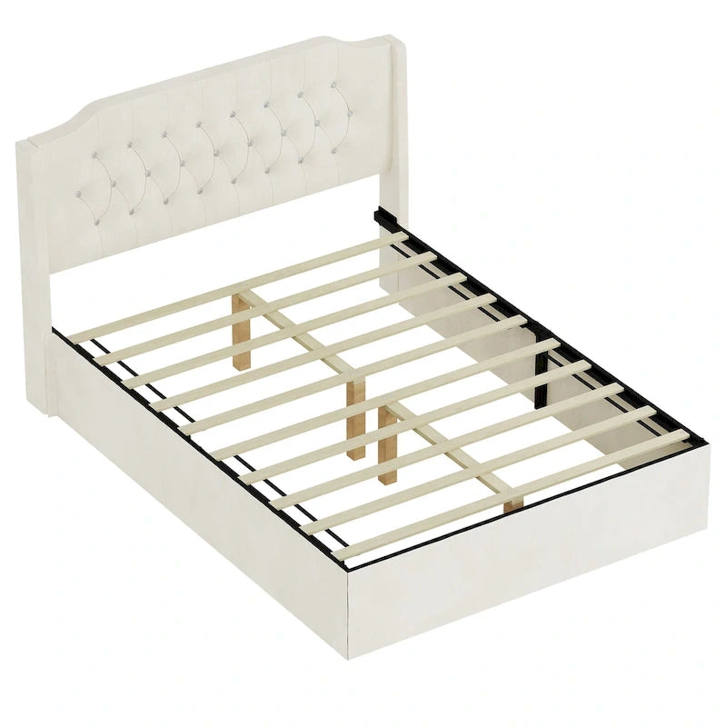 Queen Size Tufted Bed Frame with Crystal Button Accents, Wingback Headboard & Under-Bed Storage,Beige