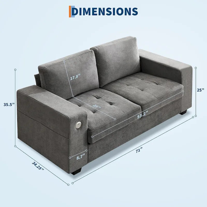 70 Chenille Loveseat Sofa with USB Charging  Modern Sectional w/Storage Pockets & Removable Cover for Living Room,