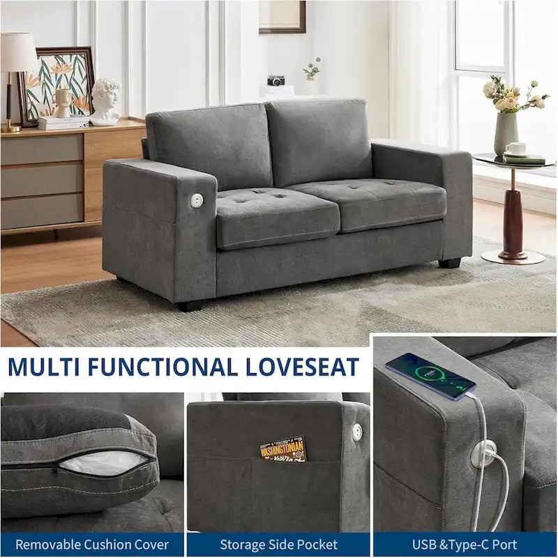 70 Chenille Loveseat Sofa with USB Charging  Modern Sectional w/Storage Pockets & Removable Cover for Living Room,