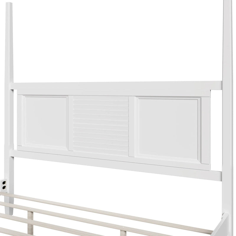 Roomfitters King Size Poster Bed, Solid Wood Frame, Horizontal Grille Design, White