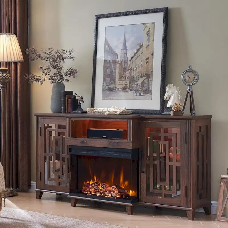 Farmhouse 3-Sided Glass Fireplace TV Stand for 75 TV, Media Console