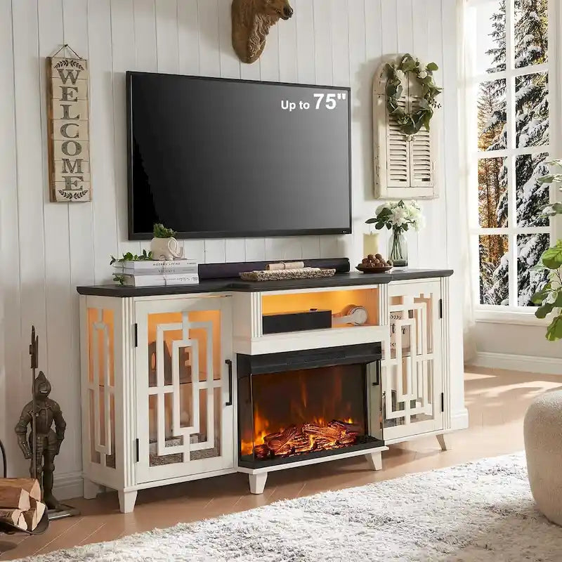 Farmhouse 3-Sided Glass Fireplace TV Stand for 75 TV, Media Console