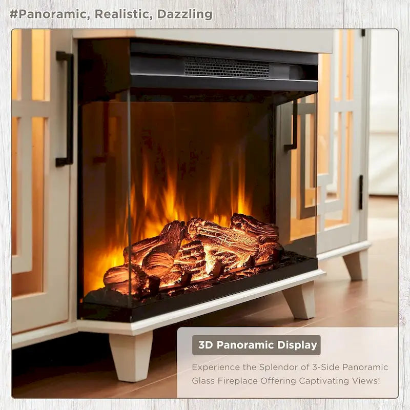 Farmhouse 3-Sided Glass Fireplace TV Stand for 75 TV, Media Console