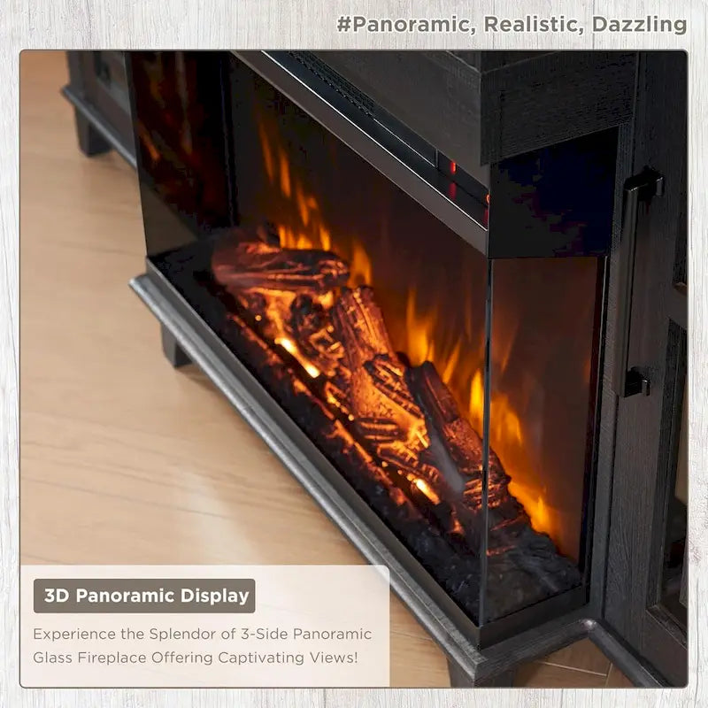 Farmhouse 3-Sided Glass Fireplace TV Stand for 75 TV, Media Console