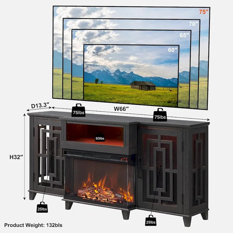 Farmhouse 3-Sided Glass Fireplace TV Stand for 75 TV, Media Console