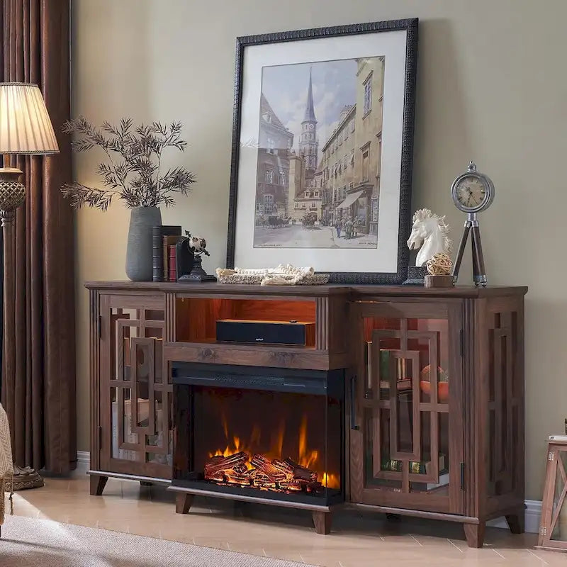 Farmhouse 3-Sided Glass Fireplace TV Stand for 75 TV, Media Console