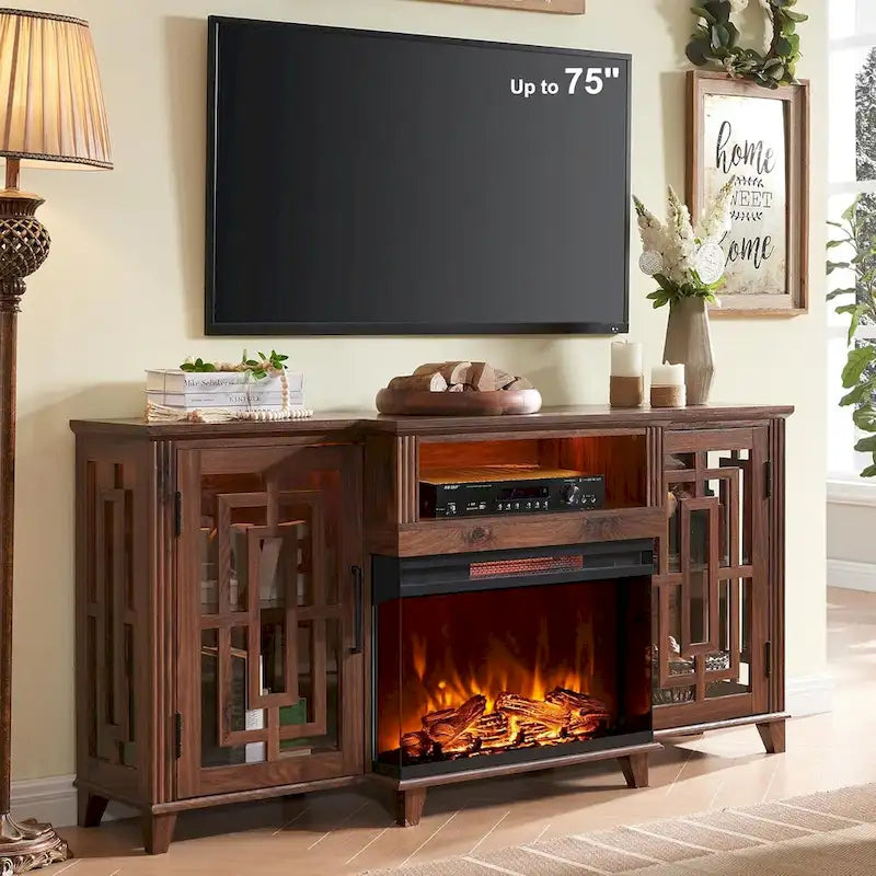 Farmhouse 3-Sided Glass Fireplace TV Stand for 75 TV, Media Console