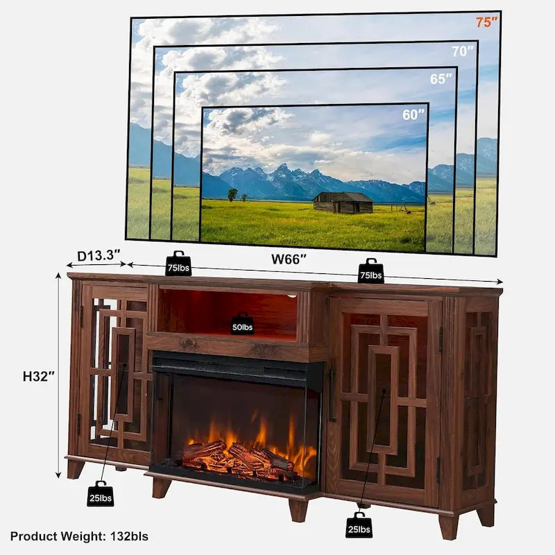 Farmhouse 3-Sided Glass Fireplace TV Stand for 75 TV, Media Console