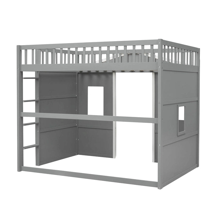 House Loft Bed With Ladder-Gray+White Frame