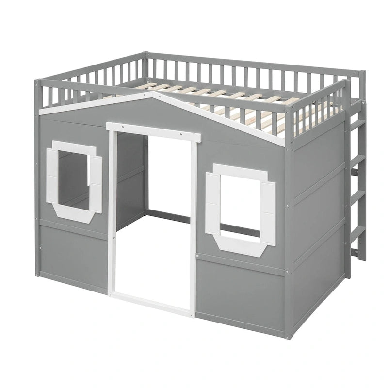 House Loft Bed With Ladder-Gray+White Frame