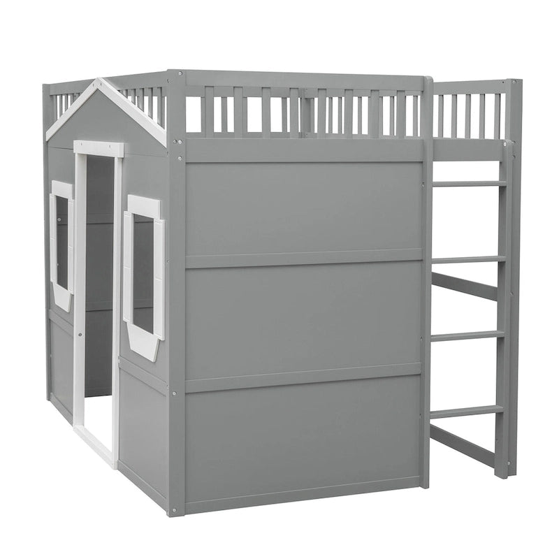 House Loft Bed With Ladder-Gray+White Frame
