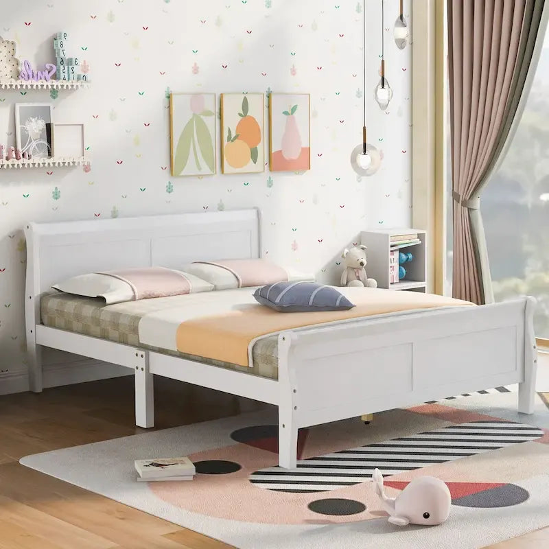 Full Size Wood Platform Bed with Headboard and Wooden Slat Support, White