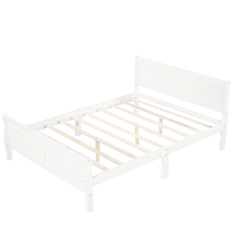 Full Size Wood Platform Bed with Headboard and Wooden Slat Support, White